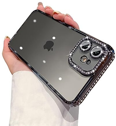 Ownest Compatible with iPhone 12 (6.1'') Case,Bling Glitter Clear Crystal Cute Phone Case with Camera Protector, Shockproof Sparkle Len Phone Case-Black