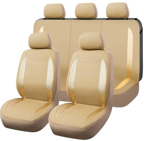 Flying Banner Universal Carbon Fibre Leather Car Seat Covers Airbag Compatible Seat Protector (Full Set, All Beige)