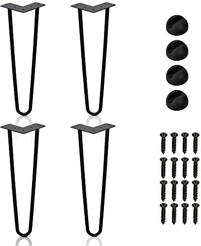 Ansobea Lot de 4 pieds de table en métal noir avec 2 pieds en épingle à cheveux, pour bureau, table et table basse, pieds de table en épingle à cheveux avec protections de sol et vis (30 cm)