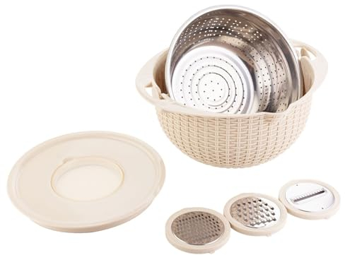Fruit Washer Colander, 3-in-1 Swivel Colander with Lid, Food Colander with Mixing Bowl, Multifunctional Stainless Steel Strainer, Fruit Cleaner with 3 Blades Food Slicer Grater for Kitchen (Beige)