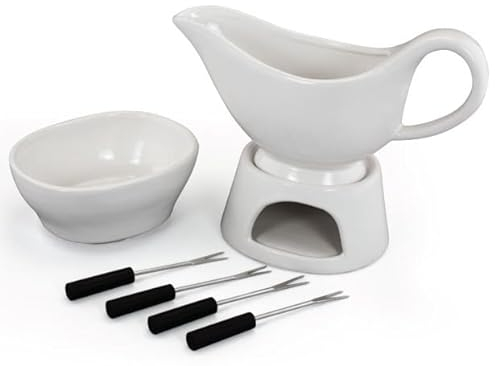 Zenvy Gravy Boat Set | 12 Ounce Ceramic White Gravy Dish Set With Candle Warmer Stand, Butter/Dip Dish, And Appertizer Forks