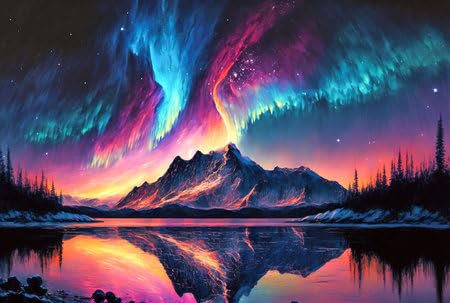 Holz-Bild 90 x 60 cm: Nördliche Landschaft, Aurora Borealis, schneebedeckte Berge am Ufer des Sees (197004575)