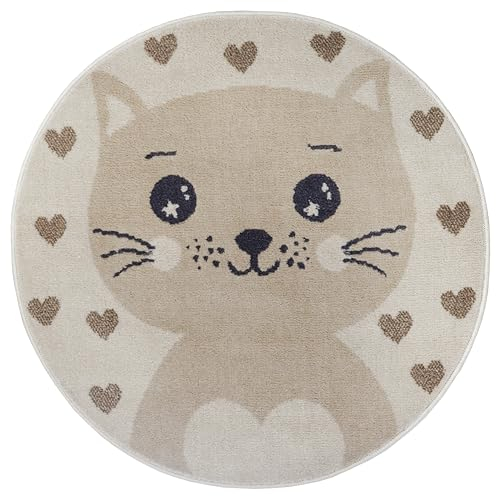 Hanse Home Adventures Kinderteppich Rund - Katzen Herzen Muster, Tier Herz Muster Teppich Junge Mädchen für Kinderzimmer, Spielzimmer, Jugendzimmer, Wohnzimmer - Creme Beige, 100cm