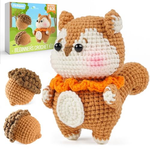 VichiPan Häkelset für Anfänger – Häkel-Starter-Set mit Schritt-für-Schritt-Video-Tutorials, Häkelsets für Erwachsene und Kinder, DIY-Strickzubehör, Eichhörnchen + Tannenzapfen-Familie (150 % + Garn)