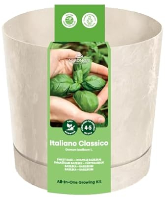 AGRONOM | Ensemble de graines - Basilic | Kit de culture d'herbes aromatiques comprenant un pot de culture, 2 comprimés gonflants à base de terre de coco et des sachets - graines | Prêt-à-Pousser