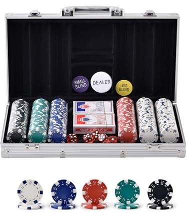 VEVOR Kunststoff Pokerchip-Set, 300-teiliges Pokerset Ungekennzeichnet, Pokerspielset mit Alu-Pokerkoffer, Karten, Knöpfe und Würfel, Komplett Set 7-8 Spieler für Texas Hold'em, Blackjack, usw.