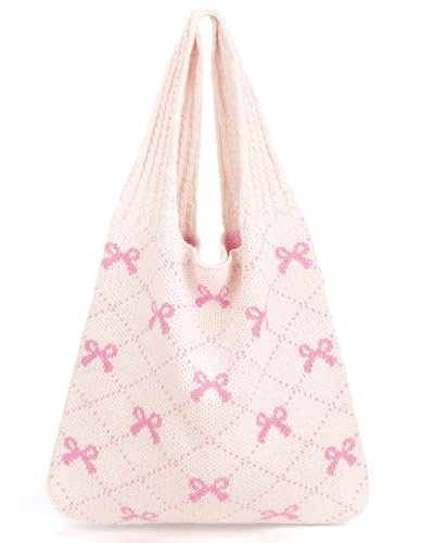 KPX Häkeltasche, Strand-Netz-Strick-Umhängetasche, große ästhetische Hobo-Tasche für Damen, Sommer, B-pink, Bow Style, B-Rosa