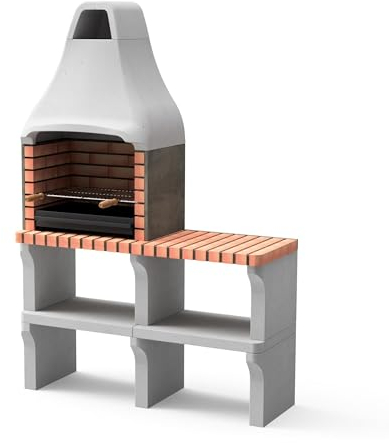 MOVELAR - Barbecue préfabriqué à bois et charbon en béton réfractaire modèle New Iberia Plus XL avec mini support latéral (Gris, Orange - 128 x 47 x 190 cm) REF: M00196 - Cuisine extérieure jardin