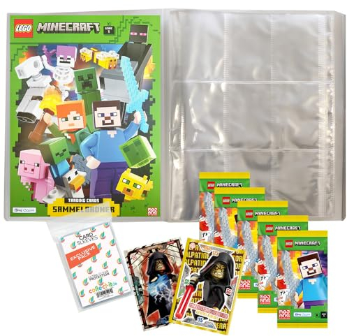 Bundle mit Lego Minecraft Serie 1 Trading Cards - 1 Leere Sammelmappe + 5 Booster + Exklusive Collect-it Hüllen