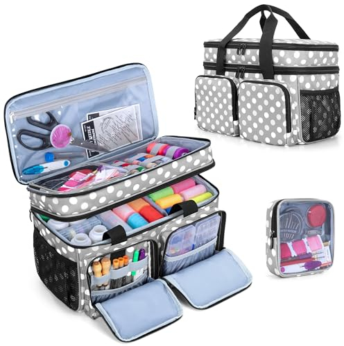 BAFASO Nähtasche Groß, Nähzubehör Organizer Tasche, Nähen Tasche für Nähmaschine Zubehör, Nähen Zubehör Aufbewahrungstasche, Nähaufbewahrung Tasche für Unterwegs, Grau Punkt