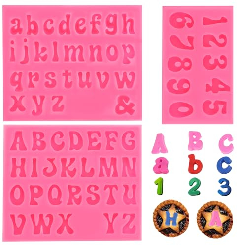3 Stück 3D GießForm Buchstaben Set 0-9 Silikonform Zahlen A-Z-Alphabet Schokoladenform Kleinbuchstaben Gießformen Für Tortendekoration, Kekse, Eiswürfel, Anhänger, Hängende Ornamente(Rosa)