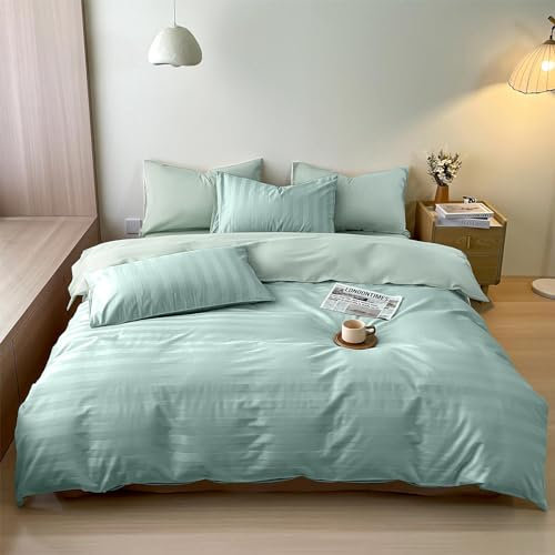 KEAYOO Satin Bettwäsche mit Streifen - aus Baumwolle Weich, atmungsaktiv und mit Reißverschluss (Grün, 155x220cm+80x80cm)