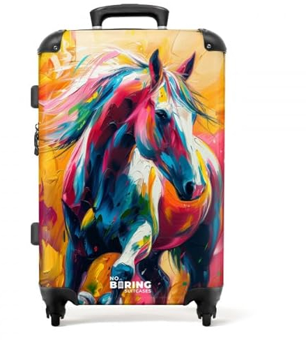 NoBoringSuitcases.com® Koffer Mittelgroß 67x43x25 cm Hartschalenkoffer Trolley Rollkoffer mit Rollen Leicht Hartschale Reisekoffer Ölfarbe - Pferd - Farbenfroh