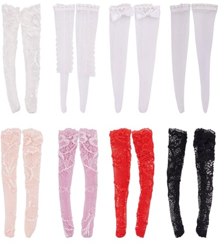 GOMAKERER 8 Paar 8 Stile Puppensocken, Stoffpuppe Spitze Lange Socken Mini Action Figur Socken Puppe Zubehör für BJD DIY Puppe Kleidung
