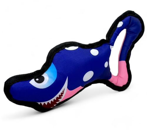 MIJOMA Robuster Stoff-Hai Hundespielzeug - Wasserdicht, Quietschend & Schwimmfähig, Aus Liebe zum Abenteuer, 30x15x5cm, 100% Polyester (Blau)