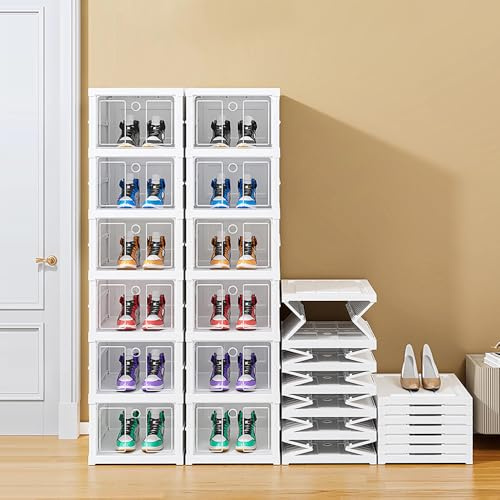 OHMG Schuh Aufbewahrungs Organisator,Stapelbar Zusammenklappbare Kunststoff Schuhkartons mit Klarem Deckel Keine Montage 6 Tiers Installationsfrei Schuhbox,Kunststoff Schuhregal,weiß (1)