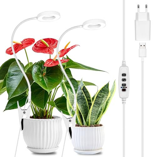 JolleYaa Indoor Pflanzenlampe, 2 Clip-on LED Indoor pflanzenlicht, 10-Segment Dimmen und 3 Farben Pflanzenleuchten, 3/9/12 Stunden Auto ON/OFF Timer für Sukkulenten und Kleine Pflanzen, Weiß, 5V