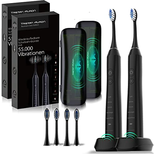 Tristan Auron Doppelpack Schallzahnbürste 55000 VPM + UV Case - 60 Tage Akku - 5 Putzmodi - IPX7 Wasserdicht - Ladegerät für elektrische Zahnbürste (schwarz)
