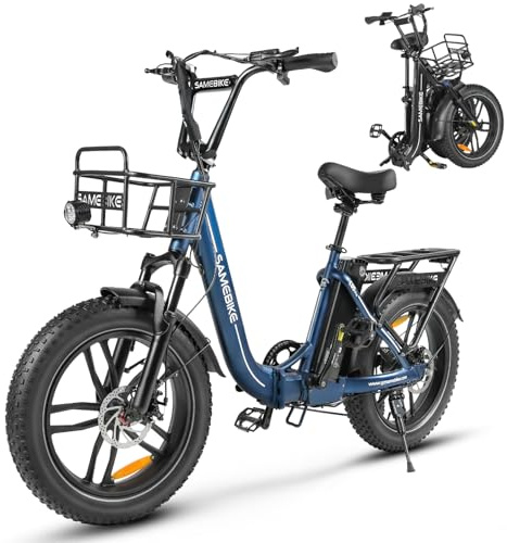 SAMEBIKE Electric Bike, Folding Adult Electric Mountain Bike, 36V 13AH Removable Battery, 7 Speed Gears, 20 *4.0 Fat Tire, Suspension Fork,with Rugged Front Basket and Rear Bracket,Quick Delivery