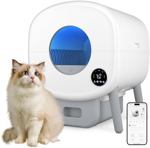 Cumrige Self Cleaning Litter Box, Large Capacity Automatic Cat Litter Box Self Cleaning for Cats, App Control,Safety Protection, 2 Roll Garbage Bags,White & Grey