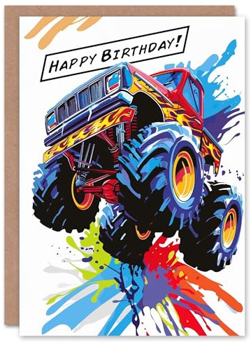 Artery8 Large Monster Truck With Flames Colourful Design For Child Kids Birthday Card