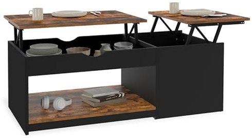 IDMarket - Table Basse 2 Plateaux relevables EYLA avec Coffre Bois foncé Effet Vieilli et Noir