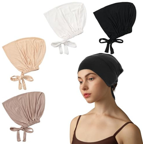 Soleeya 4 Stück Hijab Undercap, Turban Damen Unterschale Hijab Islamische Muslimische Under Cap Hijab mit Tie Back Solid Color Hijab Mütze Elastische Kopftuch Chemo Kopfbedeckung Damen Schlafmütze