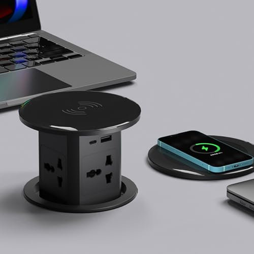 Pop Up Socket, Automatic Pop Up Power Outlet with 15W Wireless Fast Charger, PD 20W Type C Port, USB-A, 4 Smart UK Plug Extension Outlets, Recessed Power Strip for Kitchen Worktops Desktop Home Office