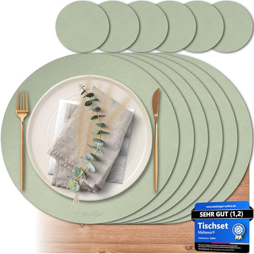 Mahewa® 6er Set Premium Tischset aus Kunstleder - Platzset abwaschbar und wasserdicht - Platzdeckchen Telleruntersetzer in Lederoptik (Mintgrün, Rund)