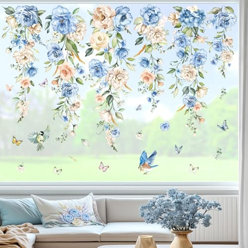 wondever Fenstersticker Blumen Rebe Blau Fenster Aufkleber Hängende Blumen Pfingstrose Fensterbilder Fensteraufkleber Anti-Kollision Doppelseitig Glasaufkleber Glas Deko