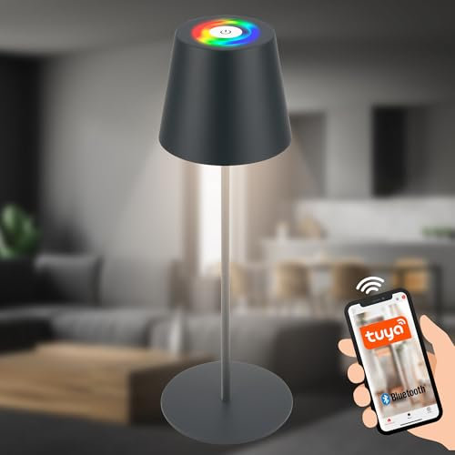 BRILONER - LED Tischlampe Smart kabellos mit Appsteuerung, Stufenlos dimmbar, RGB+W, Nachttischlampe, Leselampe, Campinglampe, LED Tischleuchte, Akku Lampe, Outdoor Lampe, 10,5x36cm (DxH), Anthrazit