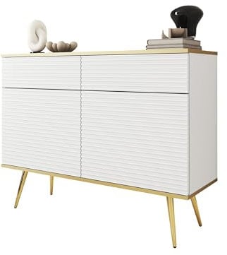 Mirjan24 Kommode Orenate MDF KSZ107 mit 2 Türen und 2 Schubladen, innen 4 Fächer, Griffloses Öffnungssystem, Türkommode, Highboard, Anrichte, Sideboard (Weiß/Weiß + Gold)