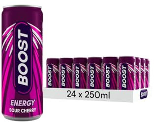 Boost Energy Drink Cherry Flavour - 24 Pack Drinks with Caffeine, Taurine and Vitamin B Carbonated Energy Drinks Gluten Free Vegan Low-Calorie Fizzy Drinks Multipack 24x250ml