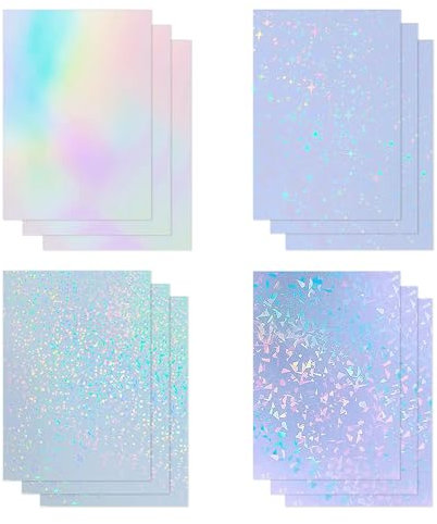 VELLUSTRA 12 Hojas Tamaño de papel Adhesivo con Diseño Holográfico, Vinilo , A4 Revestimiento Holográfico Láminas Autoadhesivas, Lámina Adhesiva con Brillantina para Decoración DIY
