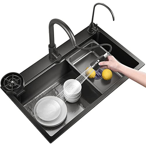 IUBGFTO Fregaderos de Cocina, Fregadero de Cocina con lavaplatos Fregadero de Acero Inoxidable con Grifo Fregadero bajo encimera Incluye Accesorios (Negro 68 * 45 * 22Cm)