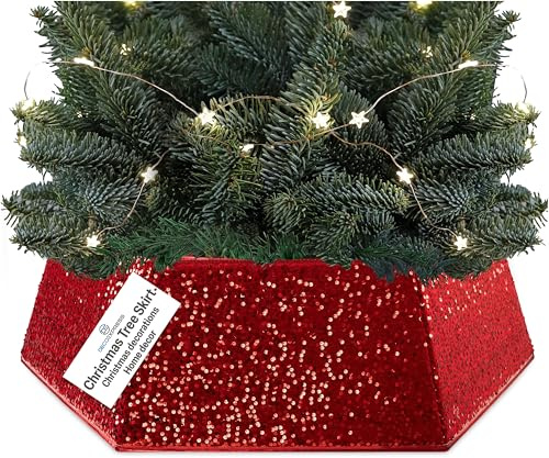 DECO EXPRESS Falda para Arbol de Navidad con Lentejuelas 68x85 cm, Cubre Árbol Navidad Hexagonal con Cierre de Velcro, Decoración Navideña para Hogar (Lentejuela Rojo)