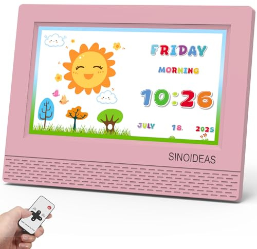 SINOIDEAS 7-Inch Kids' Digital Alarm Clock,Children's Sleep Trainer with Remote Control & Custom Reminder Function (Pink)