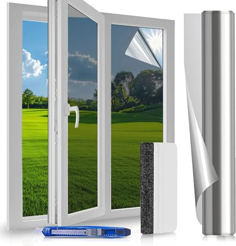 Film Fenetre Anti Regard - 60x200 cm - Anti Chaleur Anti UV, Film Miroir pour Fenetre avec Kit de Pose, Protection de la Vie Privée, Protection Solaire, pour Fenêtr Maison Bureau Magasin, Argenté