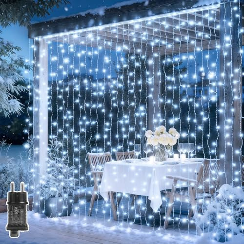 LED Lichterkette Vorhang Innen Lichtervorhang Außen 3x3m 300 F5-LEDs PVC Fairy Lights mit Fernbedienung Timer, 8 Modi, IP65 Wasserdicht Weihnachtsdeko für Hochzeitsdeko Party/Zimmer/Wand/Balkon-Weiß
