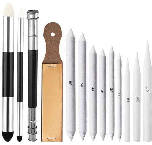 13PCS Blending Stump and Tortillon Set, Professional Art Blending Tools with Sponge Pens & Sandpaper Sharpener, Washable & Reusable for Charcoal, Graphite Sketching by Artists and Students (13PCS)