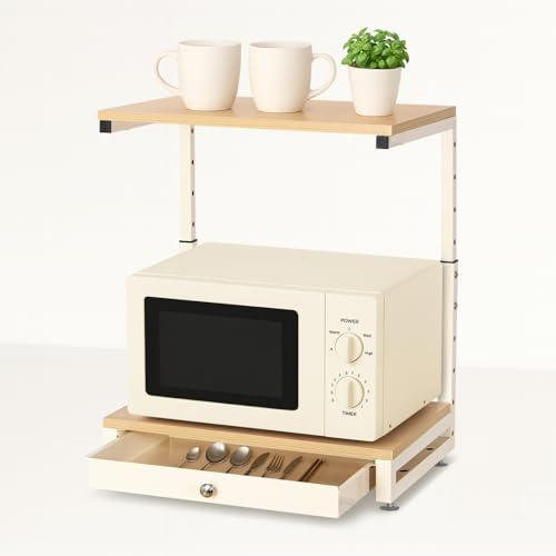 Todeco Etagere Micro Onde Cuisine Rangement Étagère à Micro-Ondes Réglable | 35x50x(38-60)cm, avec tiroir, Rangement et Organisation de Cuisine, Couleur crème, résistant et Durable