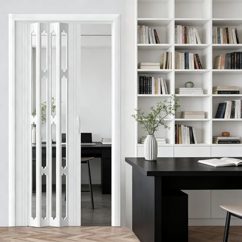 Pounjsd falttüren 200 cm hoch,schiebetür falttür komplettset, ziehharmonika tür ohne bohren, Weiße Falttür mit Griff und Klarem Acrylfenster, Schlafzimmertür für Schlafzimmer, Badezimmer, Küche, Büro
