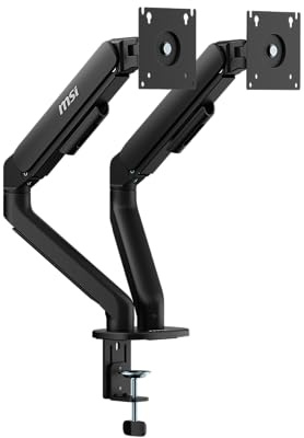 MSI MAG MT101DG - Gas Spring Dual Monitor Stand Arm, Supports 17-32 and 22 lbs, VESA Compatible, Adjustable Gas Spring Mount, Clamp & Grommet, Quick Release Plate – Black