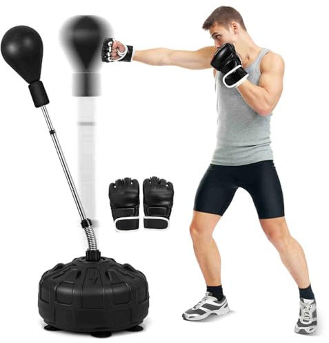 HOMASIS Punchingball Set mit Ständer, Boxstand 137–156 cm höhenversetllbar | Speedball aus Kunstleder mit befüllbarem Boxsackständer & 6 Saugnäpfen, Standboxball mit Boxhandschuhen für Boxtraining