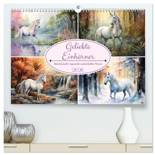 Geliebte Einhörner (hochwertiger Premium Wandkalender 2026 DIN A2 quer), Kunstdruck in Hochglanz: Märchenhafte Aquarelle zauberhafter Wesen (CALVENDO Spass)