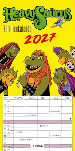 HeavySaurus Familienkalender 2027: Großer Wandkalender im Hochformat mit Spiralbindung | Mit 5 Spalten zur Organisation des Alltags aller Familienmitglieder