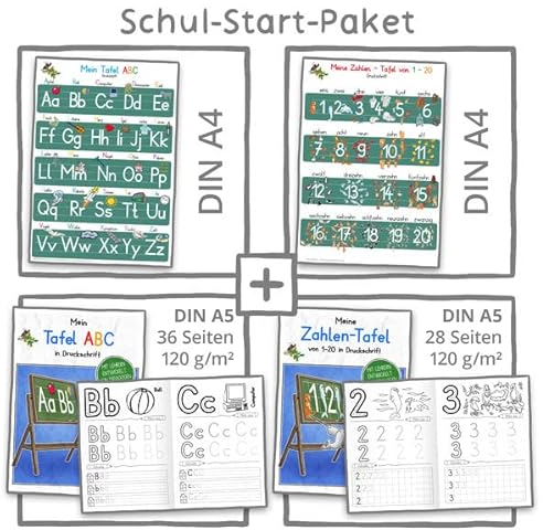 Mein Schul-Start-Paket (2 Lernposter DIN A4 + 2 Schreiblernhefte): Mein Tafel-ABC + Meine Zahlentafel in Druckschrift