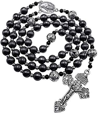 Nazareth Store Collana rosario da uomo in ematite nera da 10 mm, con perline in metallo, medaglia miracolosa e croce di perdono, 20 inches, Zinco, Nessuna pietra preziosa