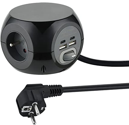Electraline 35441 - Mini cubo con 4 puertos USB 3.4A (2 tipo A + 2 tipo C), bloque de 3 enchufes con interruptor, alargador múltiple 3 m