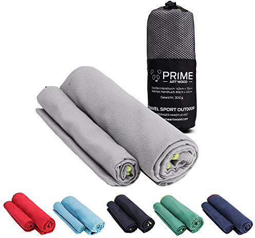 PRIME ART WOOD Mikrofaser Handtücher 2er Set (140x70cm + 80x40cm), Schnelltrocknend, Saugstark, Super Weich, Reisehandtuch, Sporthandtuch, Badetuch (Grau)